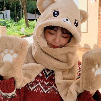 Khaki Urban Faux Fur Keep Warm Embroidered Bear..
