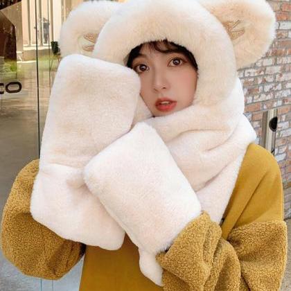 Beige Casual Cute Winter Keep Warm Faux Fur Bear..