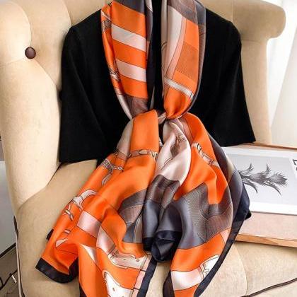 Orange Vintage Multi-colored Printed Silk..