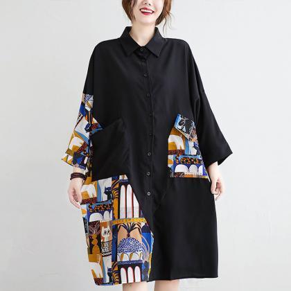 Vintage Stitching Loose Hem Mid Length Shirt Dress