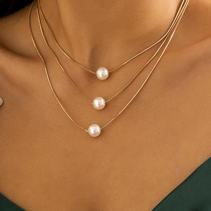 Gold Simple Multilayer Pearl Necklaces Accessories