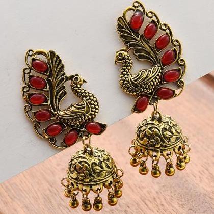 Red Original National Beads Phoenix Shape Earrings