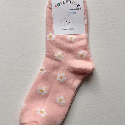 Pink Qute Flower Printed Socks