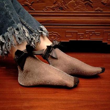 Silver Gray Bow-embellished Thin Socks
