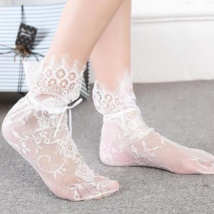 White Vintage Lacy Mesh Hollow Mid-calf Length..