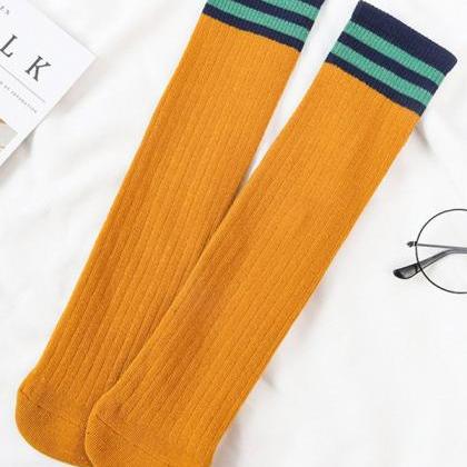 Yellow Vintage Contrast Color Striped Socks..