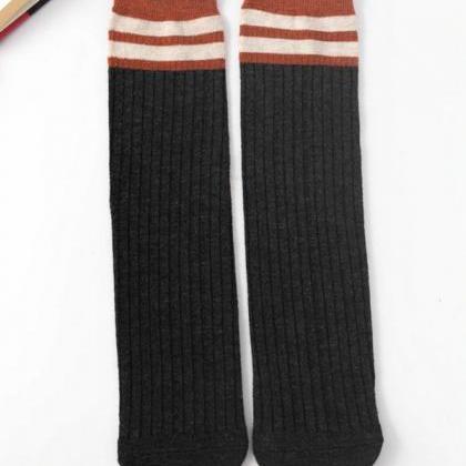 Black Gray Vintage Contrast Color Striped Socks..