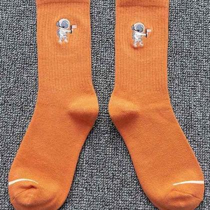 Orange Embroidery Cartoon Astronaut Pattern Socks