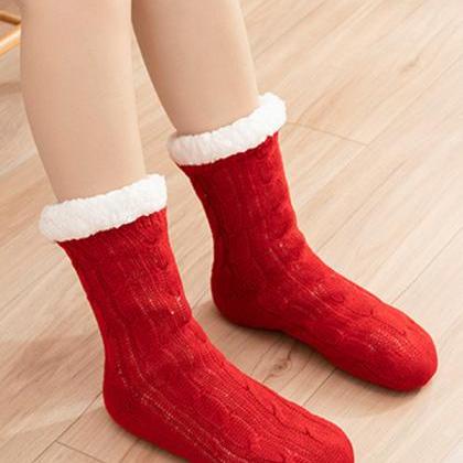 Red Casual Knitting Velvet Keep Warm Floor Socks
