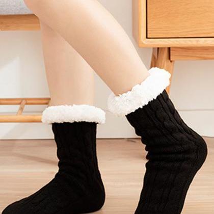 Black Casual Knitting Velvet Keep Warm Floor Socks