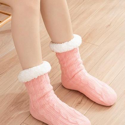 Pink Casual Knitting Velvet Keep Warm Floor Socks