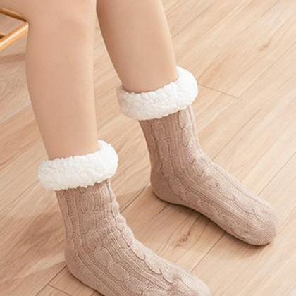 Khaki Casual Knitting Velvet Keep Warm Floor Socks