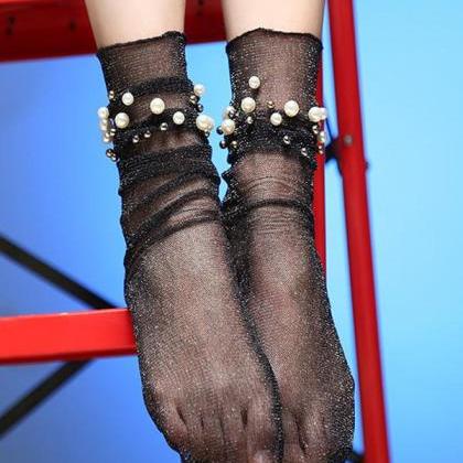Black Beaded See-through Pile Socks