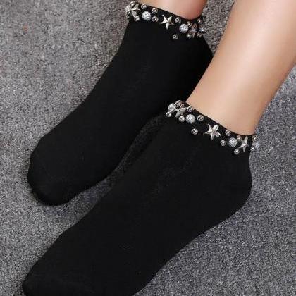 Black Casual Solid Rivet Ankle Sock