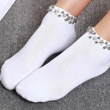 White Casual Solid Rivet Ankle Sock