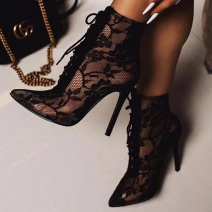 Fashion Breathable Mesh Lace Pointed High Heel..