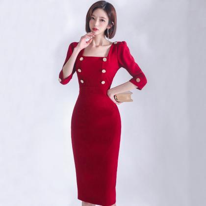 Red Square Neckline Buttoned Bodycon Party Dress