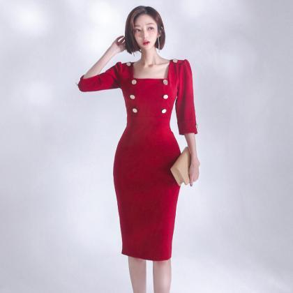 Red Square Neckline Buttoned Bodycon Party Dress