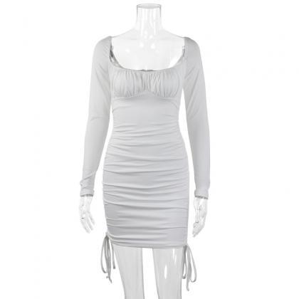 Long Sleeve Square Neck Drawstring Bodycon Party..