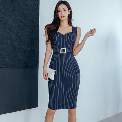 Elegant Striped Bodycon Pencil Dress