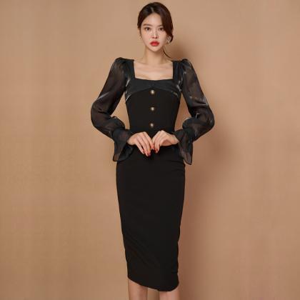Square-neck Patchwork Bell-sleeve Slim Fit Package..
