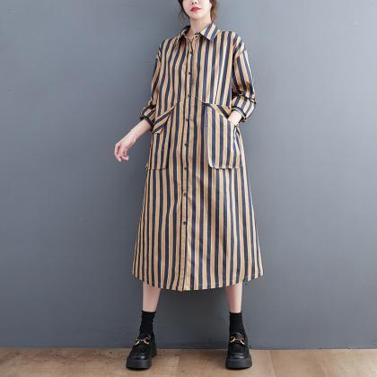 Original Loose Long Sleeves Buttoned Striped Lapel..