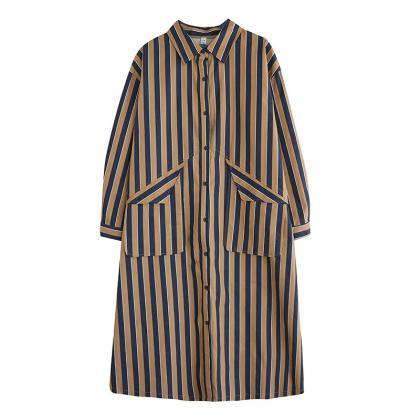 Original Loose Long Sleeves Buttoned Striped Lapel..