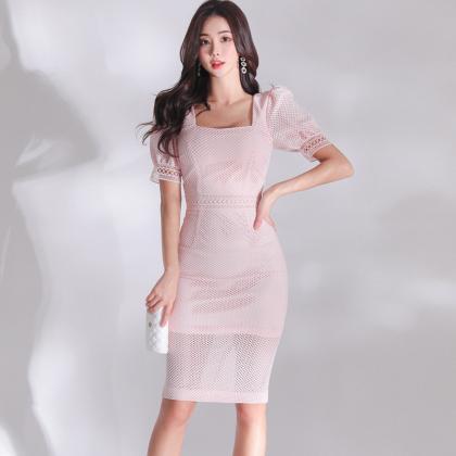 Korean Style Graceful Square Neckline Mesh Dress