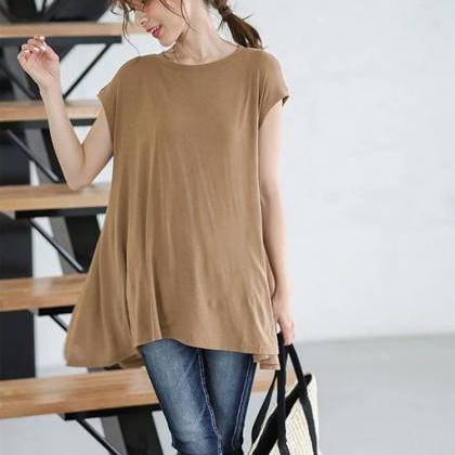 Casual Simple Loose Solid Color Pleated Round-neck..