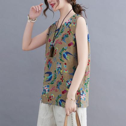 Vintage Loose Summer Floral Printed Vest