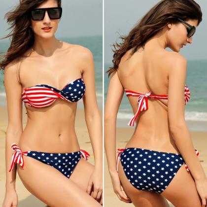Stars Stripes Padded Twisted Bandeau American Flag..