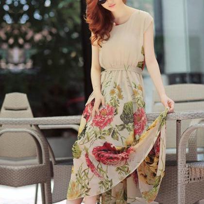 Bohemian Style Short Sleeve Long Chiffon Dress