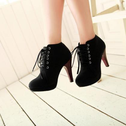 Lace Up Round Toe Stiletto High Heel Ankle Boots