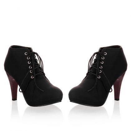 Lace Up Round Toe Stiletto High Heel Ankle Boots