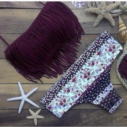 Floral Print Tassel Halter Triangle Two Pieces..