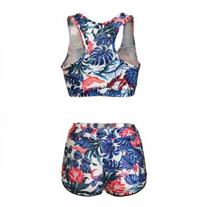 Two Pieces Backless High Waist Flower Print..