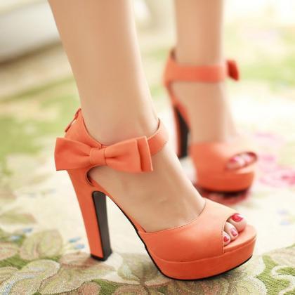 Candy Color Bow Knot Thick Heel Pla..