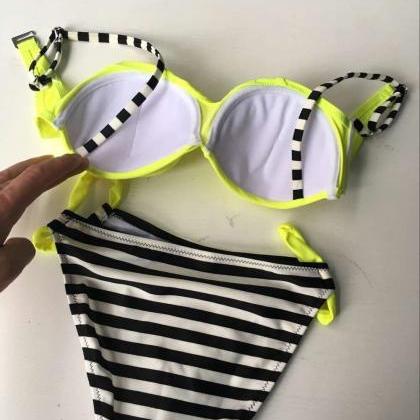 Candy Color Stripe Polka Dot Low Waist Two Pieces Bikini Set on Luulla