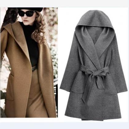 Hooded Belt Casual Suede Mid-length Plus Size Coat