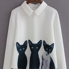 Three Cats Flower Print Turn-down Collar Pullover..