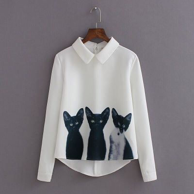 Three Cats Flower Print Turn-down Collar Pullover..