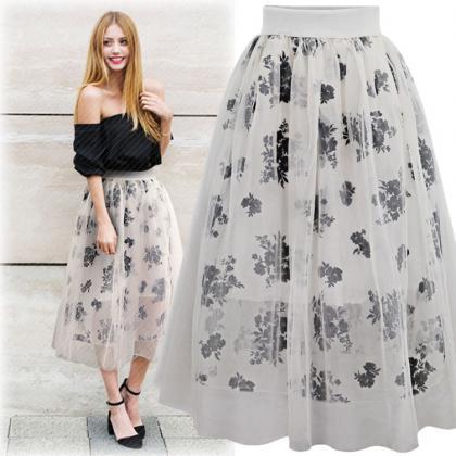Floral Pleated Flare Long Skirt