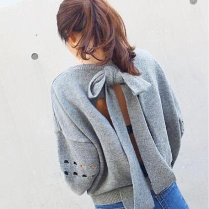 Backless Bow Tie Hollow Knit Pullover Sweater