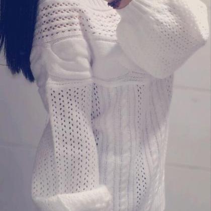 Cable Straight Collar Hollow Knit Pullover Sweater