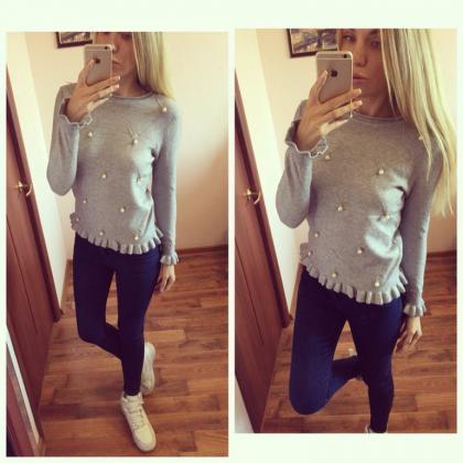 Trumpet Sleeve Print Pure Color Scoop Knit Sweater