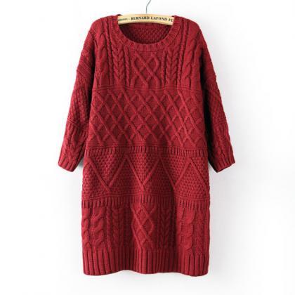 Diamond Cable Retro Knit Long Pullover Sweater