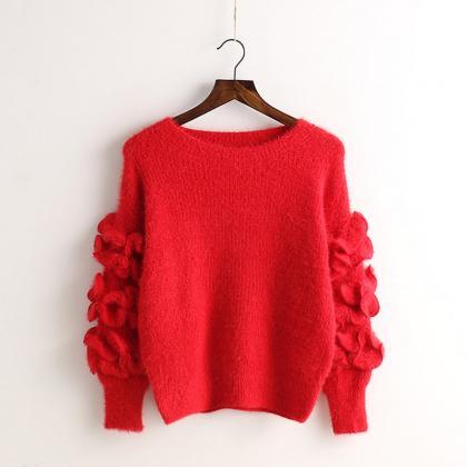 Petal Sleeve Embroidery Solid Color Pullover..