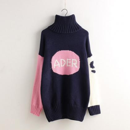 High Neck Contrast Color Pullover Knit Long..