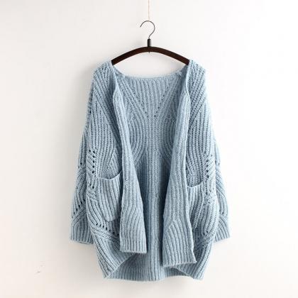 Pocket Loose Knit Cable Hollow Soli..