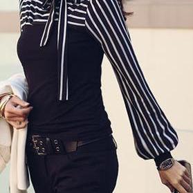 Plus Size High Neck Long Sleeves Striped Patchwork..